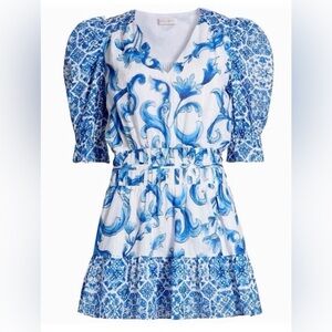 Ramy Brook Susan Watercolor Puff-Sleeve Minidress in Spring Blue Positano Size S